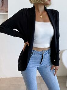 AAmilife Foldover Detail Casual Design Cardigan - Black - View 5