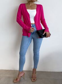 AAmilife 素色單排釦開襟衫 - 玫紅色 - 查看 4