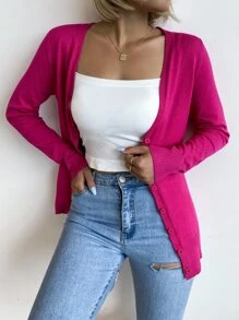 AAmilife 素色單排釦開襟衫 - 玫紅色 - 查看 5