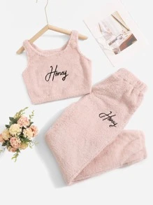 Letter Embroidered Flannel Lounge Set - Baby Pink - View 1