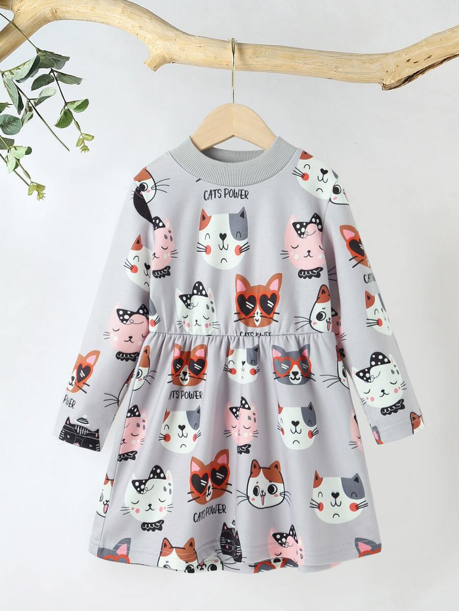小女童卡通圖案小高領洋裝