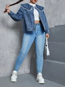 Plus Peter Pan Collar Frill Trim Denim Jacket - Medium Wash - View 3