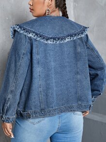 Plus Peter Pan Collar Frill Trim Denim Jacket - Medium Wash - View 2