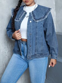 Plus Peter Pan Collar Frill Trim Denim Jacket - Medium Wash - View 1
