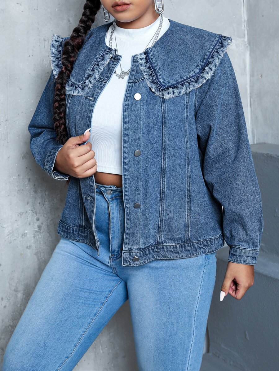 Plus Peter Pan Collar Frill Trim Denim Jacket - Medium Wash - View 1