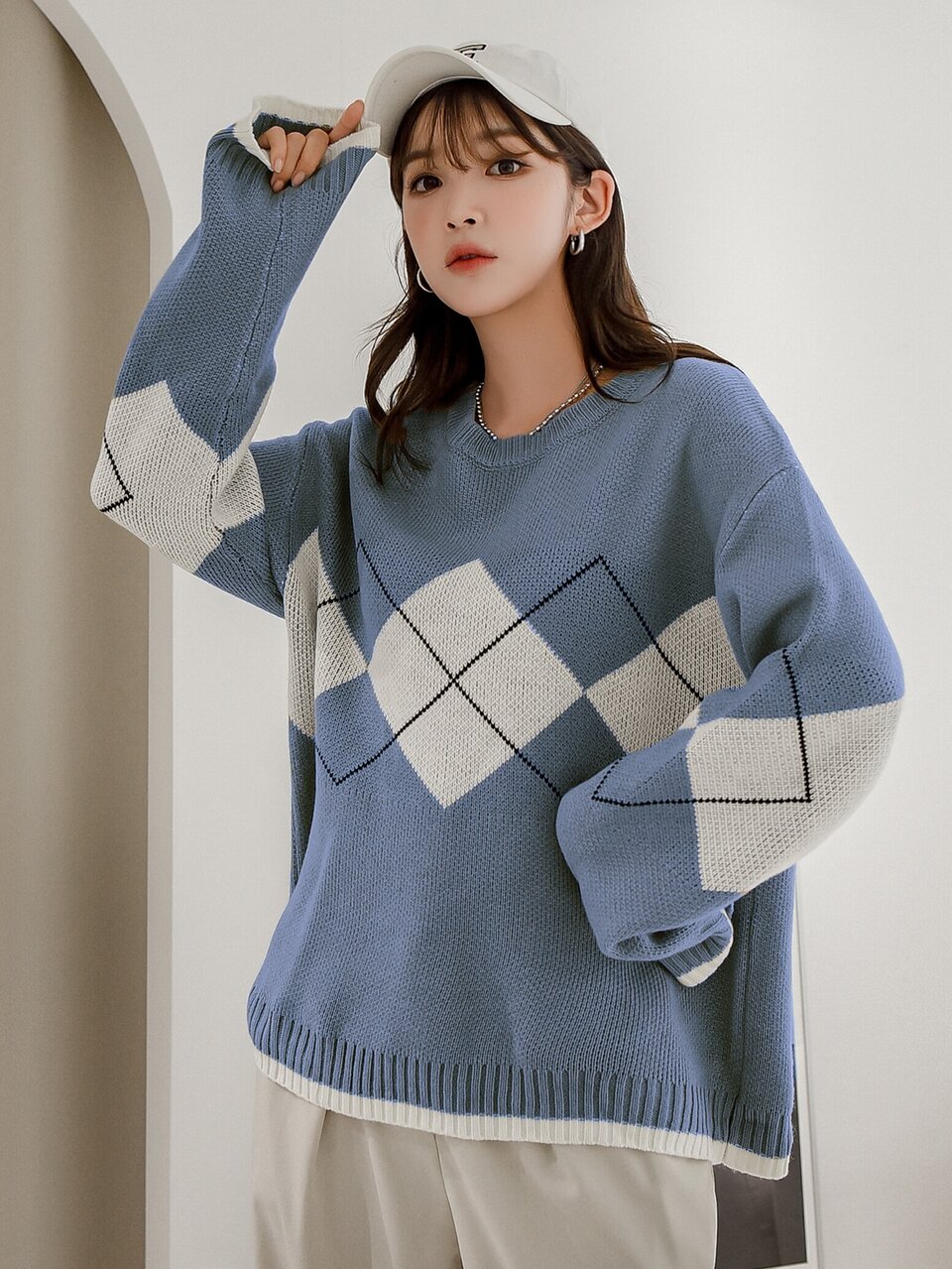 Argyle Pattern Drop Shoulder Sweater,Long Sleeve Tops,Fall Clothes