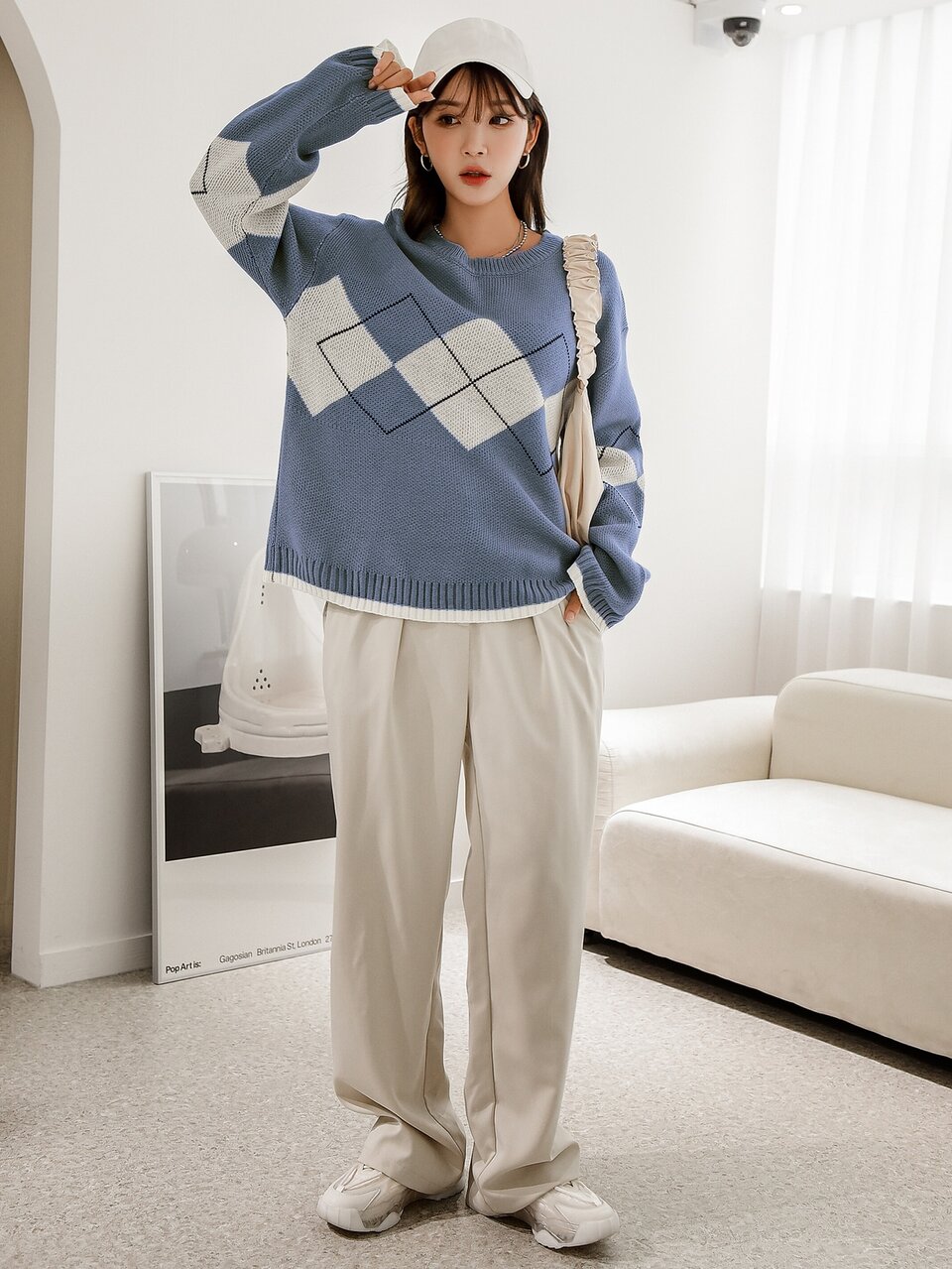 Argyle Pattern Drop Shoulder Sweater,Long Sleeve Tops,Fall Clothes