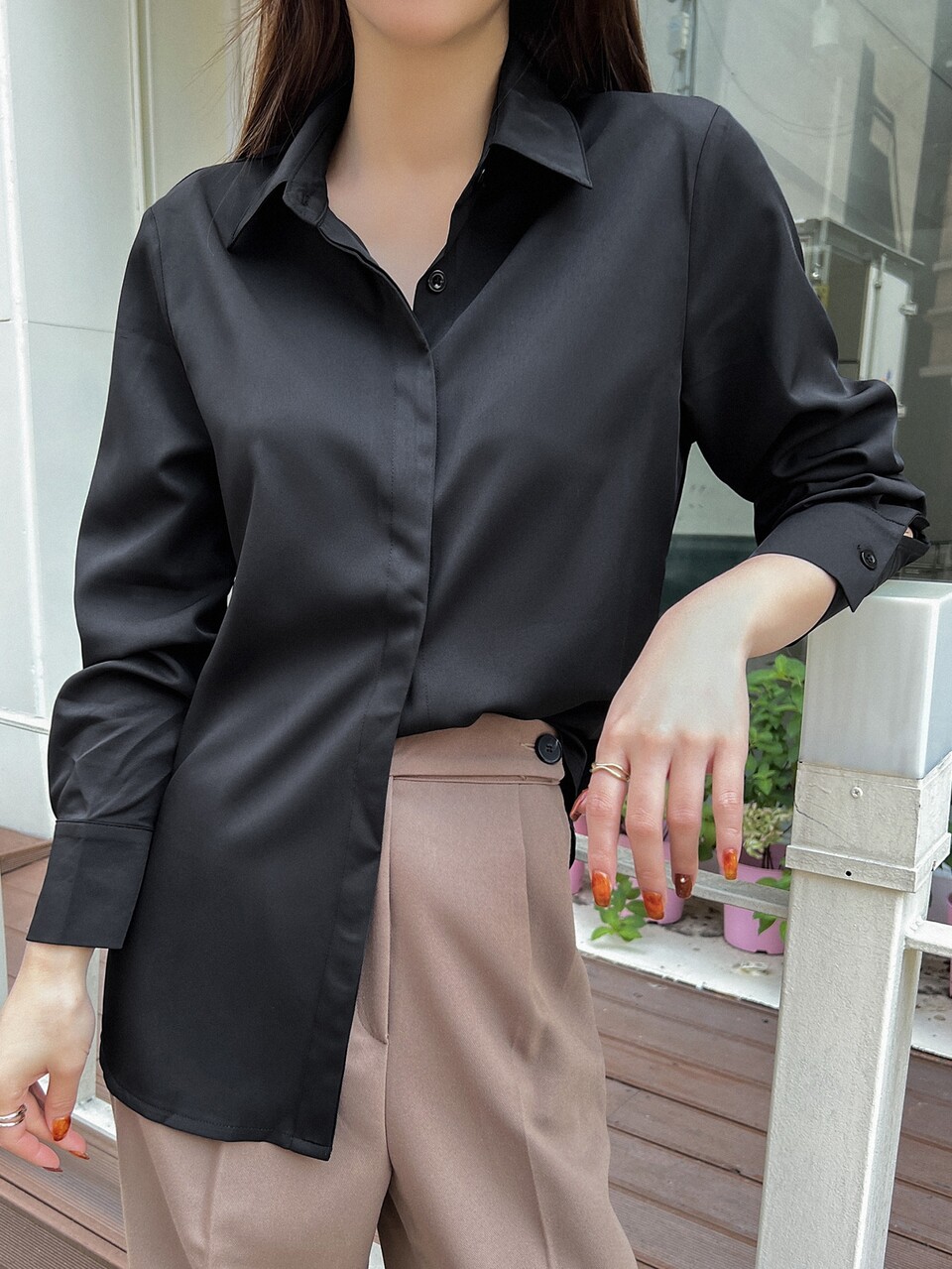 Solid Curved Hem Shirt,Fall Women Clothes