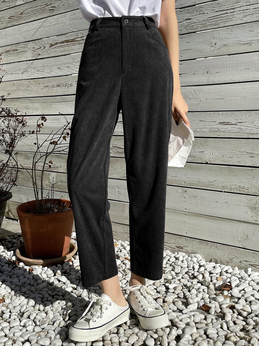 DAZY High Waist Corduroy Straight Leg Pants Fall,Winter - Black - View 1