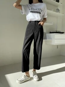 DAZY High Waist Corduroy Straight Leg Pants Fall,Winter - Black - View 4