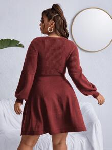 Celure Plus Lantern Sleeve Jumper Dress Without Belt - Redwood - View 2