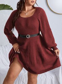Celure Plus Lantern Sleeve Jumper Dress Without Belt - Redwood - View 3