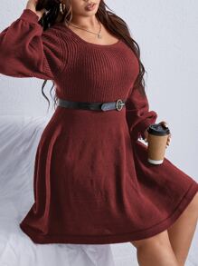 Celure Plus Lantern Sleeve Jumper Dress Without Belt - Redwood - View 4