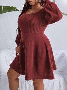 Celure Plus Lantern Sleeve Jumper Dress Without Belt - Redwood - View 5