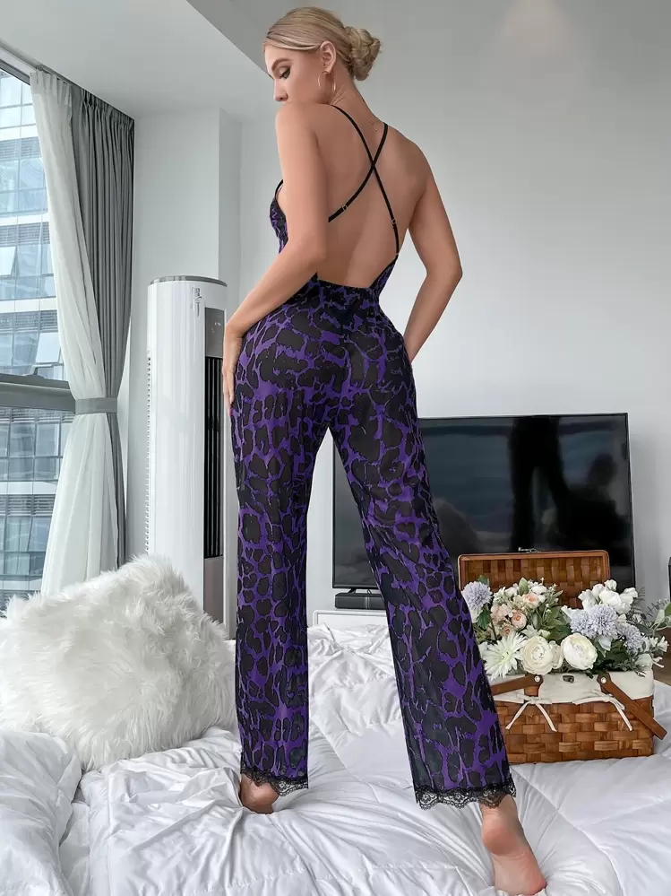ヒョウ柄 クリスクロスバックレス レーストリム メッシュ キャミ スリープウェア ロンパース - バイオレットパープル - 見る 3