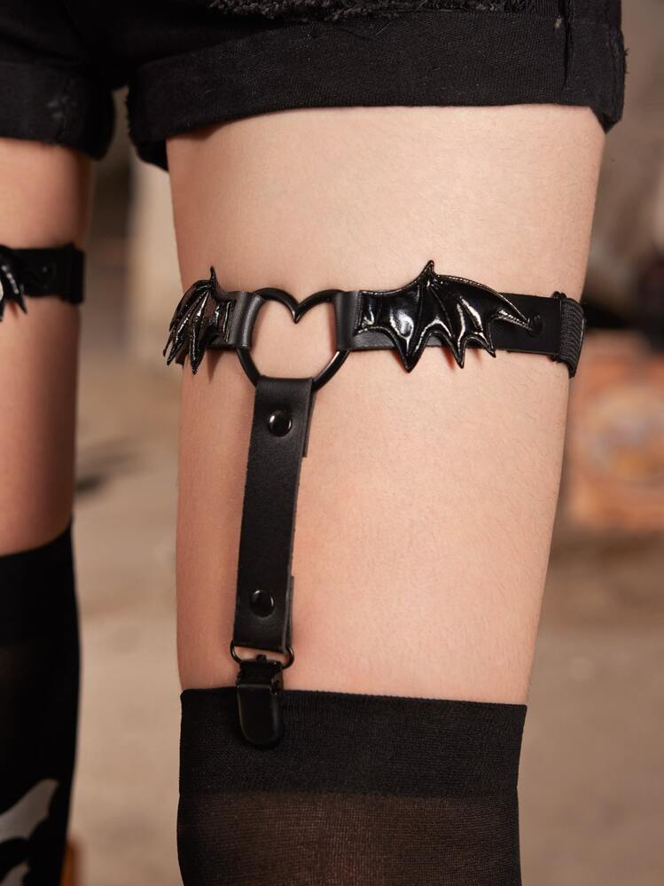 ROMWE Goth 2 pièces Porte-jarretelles à anneau cœur et chauve souris - Noir - Voir 2