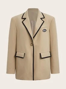 SHEIN EZwear Letter Patched Flap Detail Blazer - Khaki - View 1