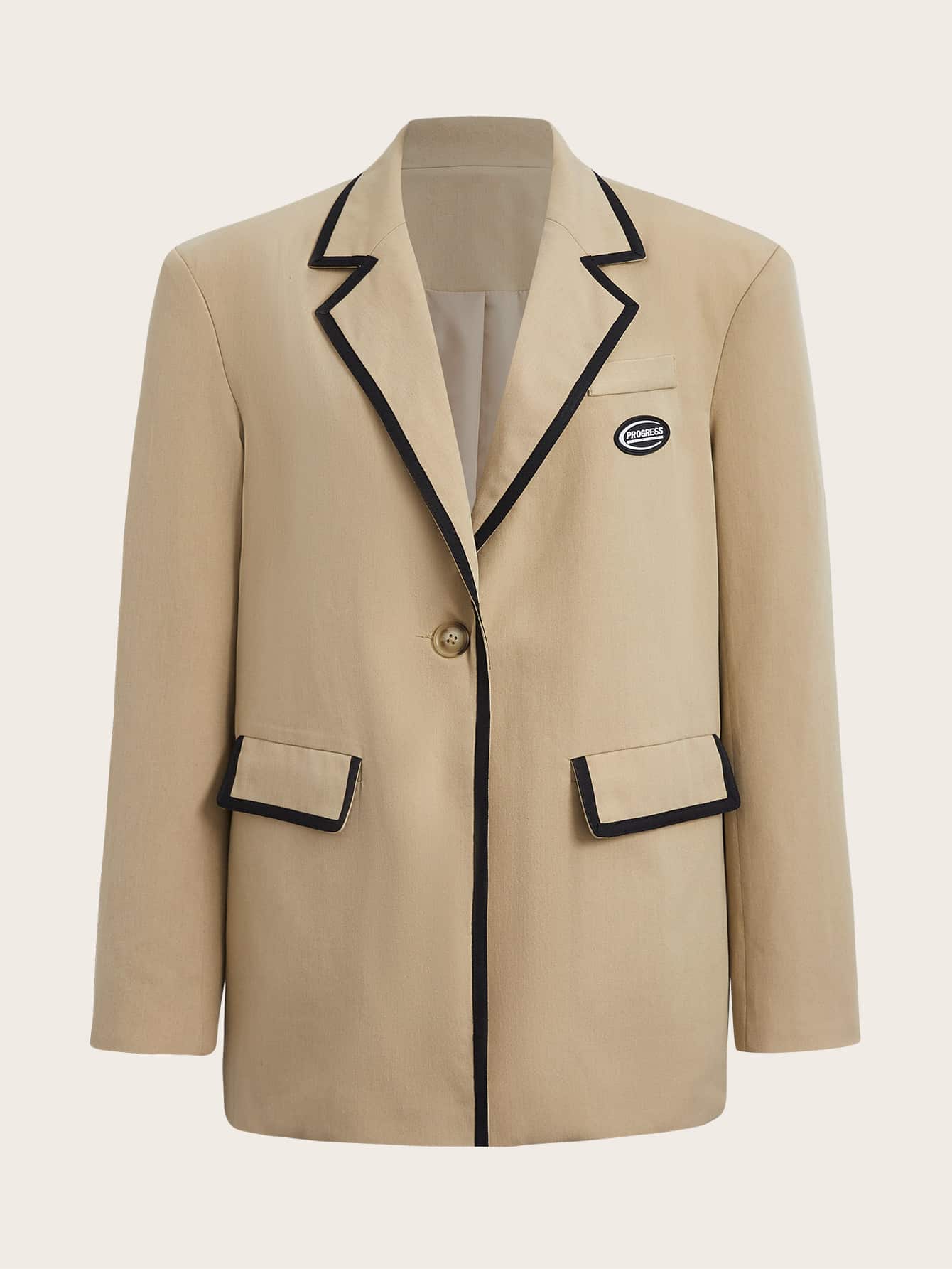 SHEIN EZwear Letter Patched Flap Detail Blazer - Khaki - View 1