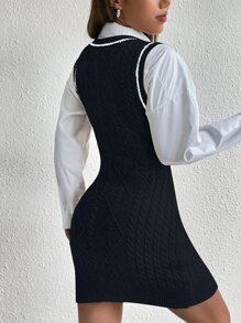 SHEIN Unity 1pc Striped Trim Cable Knit Jumper Dress Without Blouse - Black - View 2