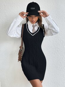 SHEIN Unity 1pc Striped Trim Cable Knit Jumper Dress Without Blouse - Black - View 4