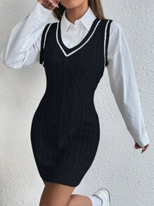 SHEIN Unity 1pc Striped Trim Cable Knit Jumper Dress Without Blouse - Black - View 5