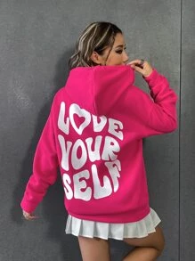SHEIN Unity Love Yourself Distorted English Graphic Oversized Drop Shoulder Long Hoodie Sweatshirt - Hot Pink - View 1