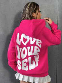 SHEIN Unity Love Yourself Distorted English Graphic Oversized Drop Shoulder Long Hoodie Sweatshirt - Hot Pink - View 2