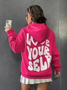 SHEIN Unity Love Yourself Distorted English Graphic Oversized Drop Shoulder Long Hoodie Sweatshirt - Hot Pink - View 4