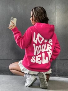 SHEIN Unity Love Yourself Distorted English Graphic Oversized Drop Shoulder Long Hoodie Sweatshirt - Hot Pink - View 6