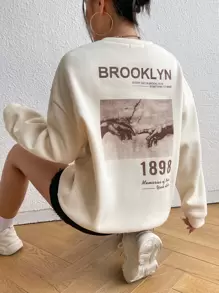 SHEIN Unity 標語和手掌圖案加絨內裏運動衫 - 杏色 - 查看 1