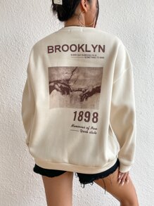 SHEIN Unity 標語和手掌圖案加絨內裏運動衫 - 杏色 - 查看 3