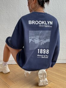 SHEIN EZwear Slogan & Hand Print Thermal Lined Sweatshirt - Navy Blue - View 1