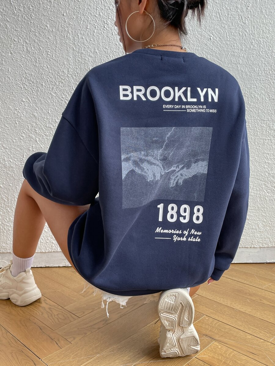 SHEIN EZwear Slogan & Hand Print Thermal Lined Sweatshirt - Navy Blue - View 1