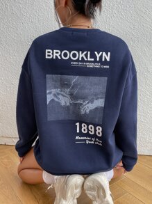 SHEIN EZwear Slogan & Hand Print Thermal Lined Sweatshirt - Navy Blue - View 3