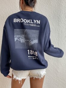 SHEIN EZwear Slogan & Hand Print Thermal Lined Sweatshirt - Navy Blue - View 4