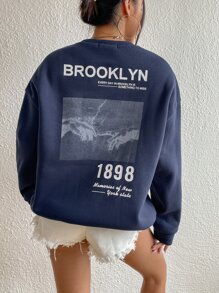 SHEIN EZwear Slogan & Hand Print Thermal Lined Sweatshirt - Navy Blue - View 6