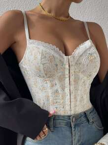 SHEIN Privé Hook And Eye Lace Cami Bodysuit - White - View 3