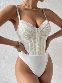 SHEIN Privé Hook And Eye Lace Cami Bodysuit - White - View 4