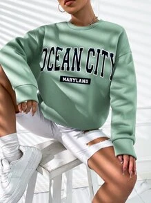 SHEIN Unity Letter Graphic Drop Shoulder Pullover - Mint Green - View 1