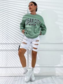 SHEIN Unity Letter Graphic Drop Shoulder Pullover - Mint Green - View 3