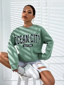 SHEIN Unity Letter Graphic Drop Shoulder Pullover - Mint Green - View 4