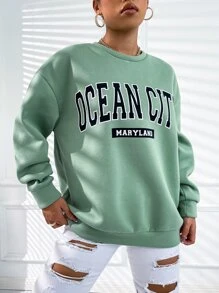 SHEIN Unity Letter Graphic Drop Shoulder Pullover - Mint Green - View 5