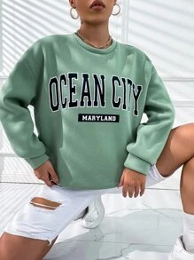 SHEIN Unity Letter Graphic Drop Shoulder Pullover - Mint Green - View 6