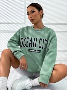 SHEIN Unity Letter Graphic Drop Shoulder Pullover - Mint Green - View 7