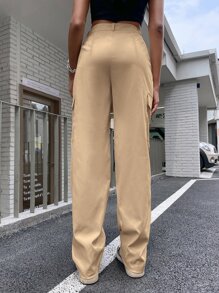 SHEIN Unity High Waist Flap Pocket Cargo Trousers - Khaki - View 2