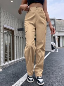 SHEIN Unity High Waist Flap Pocket Cargo Trousers - Khaki - View 3