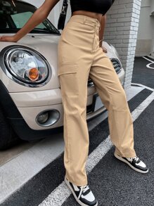 SHEIN Unity High Waist Flap Pocket Cargo Trousers - Khaki - View 4
