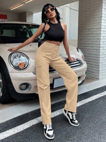 SHEIN Unity High Waist Flap Pocket Cargo Trousers - Khaki - View 5