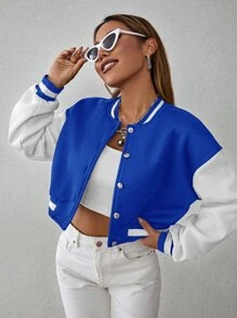 SHEIN Unity Drop Shoulder Two Tone Crop Bomber Jacket - Blue and White - View 1