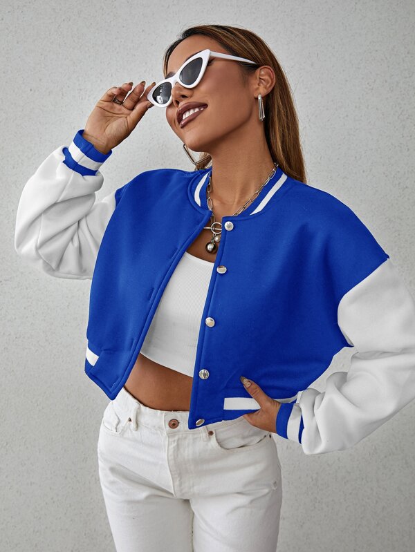 Drop Shoulder Two Tone Crop Bomber Jacket SHEIN USA